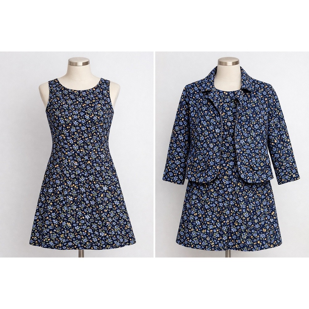 VTG 60s 70s Sears Jr High Floral Dress Jacket Set Girls 8 Blue Mod